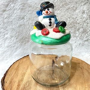 Vintage Hand Painted Ceramic Snowman Cookie Jar Candy Jar